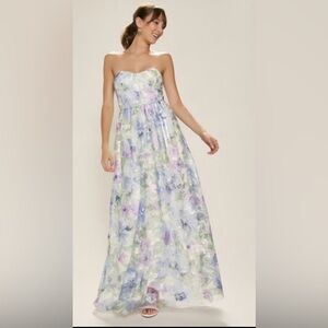 NWT  Strapless Floral Tulle Maxi Dress